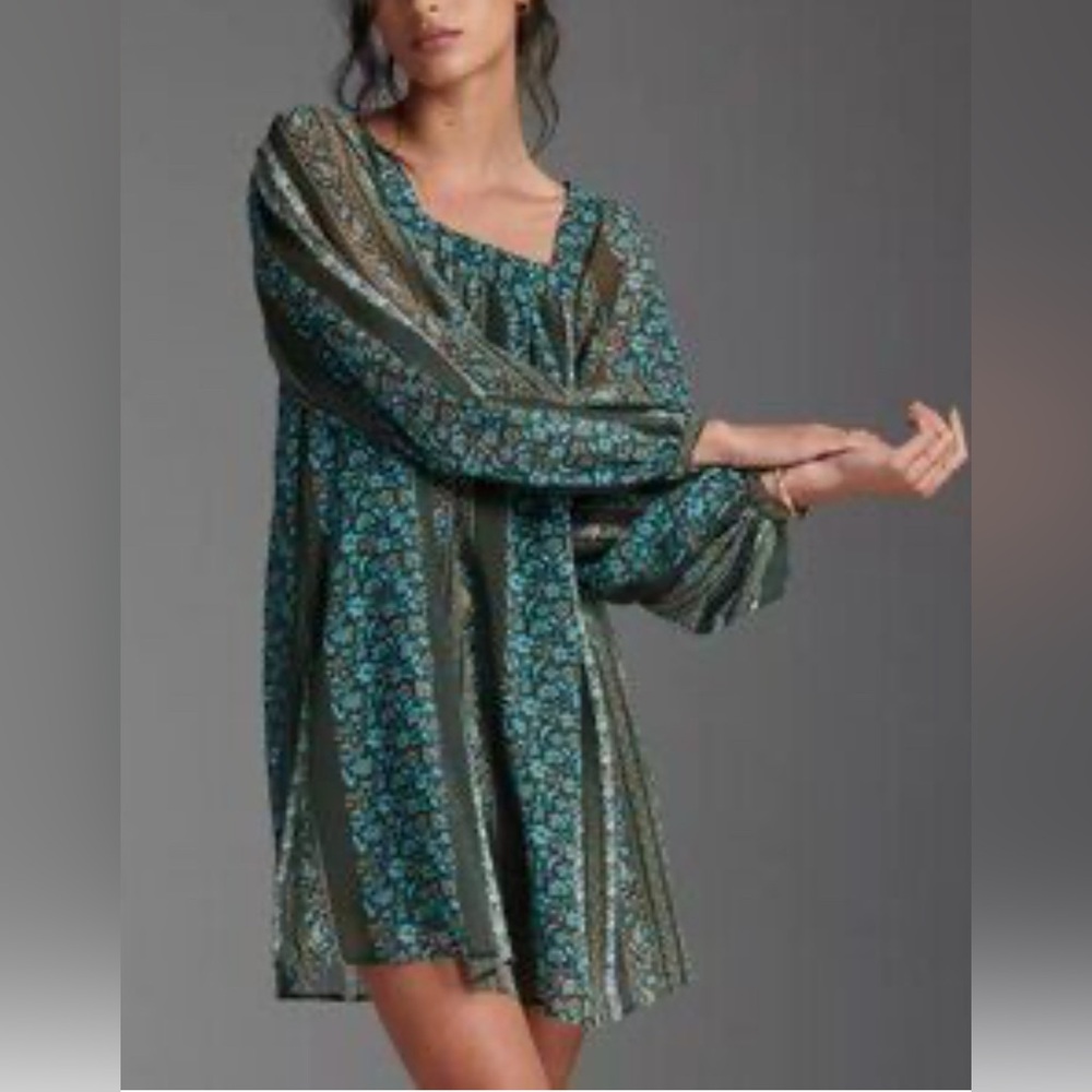 Anthropologie Women’s Blue Green Floral Sona Tunic Mini Dress Size Small - Picture 6 of 12